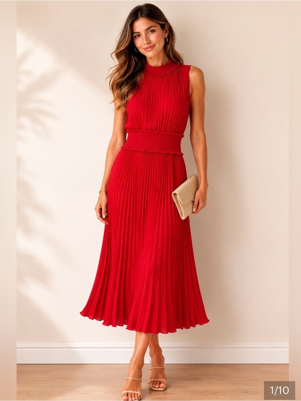 Nanette Lepore Orange/Red Pleated Sleeveless Midi Dress